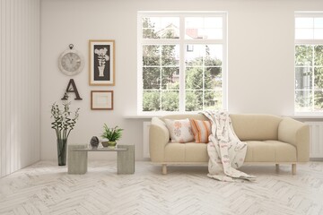 Contemporary classic white interior with furniture and decor and summer landscape in window. Scandinavian interior design. 3D illustration