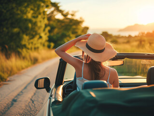 A happy young woman driving a convertible car, back view