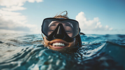 Close-up of a happy woman above the sea surface after diving - obrazy, fototapety, plakaty