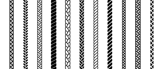 Repeating rope set. Seamless hemp cord line collection. Black chain, braid, plait stripe bundle. Vertical decorative plait pattern pack. Vector marine twine frame design elements for banner, poster