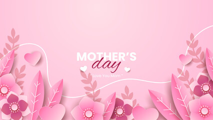 Pink red and white happy mothers day background with flowers and hearts. Vector illustration. Happy mothers day event poster for greeting design template and mother's day celebration