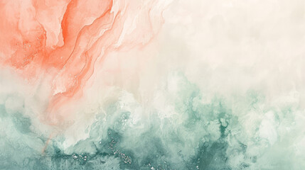 Abstract watercolor background on canvas with a dynamic mix of coral, mint green and ivory