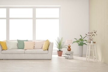 White living room with sofa. Scandinavian interior design. 3D illustration