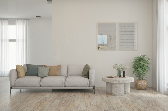 White modern interior design with sofa. Scandinavian interior design. 3D illustration