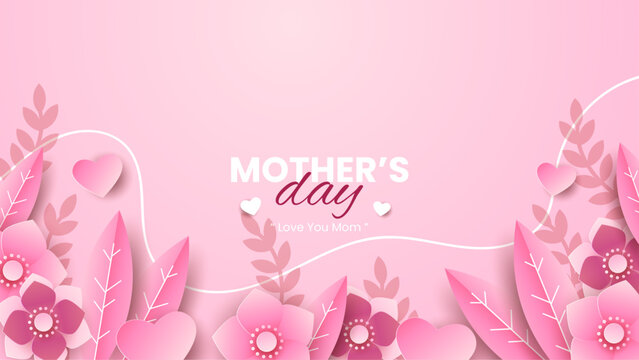 Pink red and white happy mothers day background with flowers and hearts. Vector illustration. Happy mothers day event poster for greeting design template and mother's day celebration
