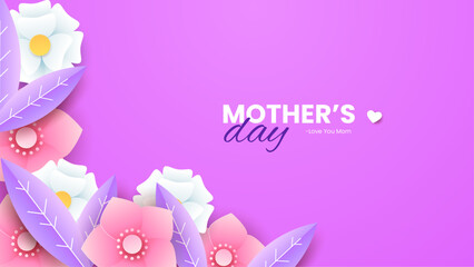 Pink white and purple violet happy mothers day background with flowers and hearts. Vector illustration. Happy mothers day event poster for greeting design template and mother's day celebration