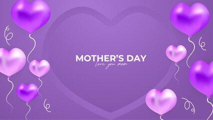 Purple violet vector illustration mothers day background with heart shaped balloons. Happy mothers day event poster for greeting design template and mother's day celebration