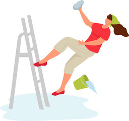 Woman slipping on wet floor while cleaning, has an accident falling off a ladder. Safety at home and accident prevention concept vector illustration.