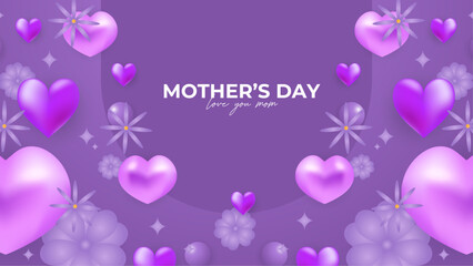Purple violet happy mother's day background decorated with love and heart. Happy mothers day event poster for greeting design template and mother's day celebration