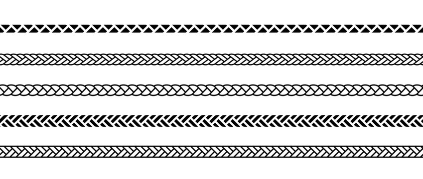 Set of repeating ropes. Seamless hemp cord line collection. Black outline chain, braid, plait stripe bundle. Horizontal decorative braid pattern. Vector twine design elements for banner, poster, frame