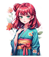 Beautiful Girl wear Green Kimono Character