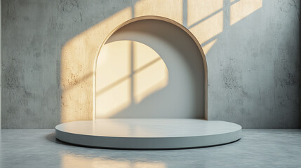 3d illustration of minimalist empty podium with a large arch, casting geometric shadows in a modern, serene space with a textured wall.