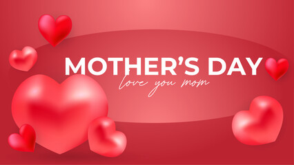 Red and pink happy mothers day background with flowers and hearts. Vector illustration. Happy mothers day event poster for greeting design template and mother's day celebration