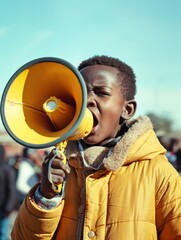 African boy shouting on a megaphone in a protest.