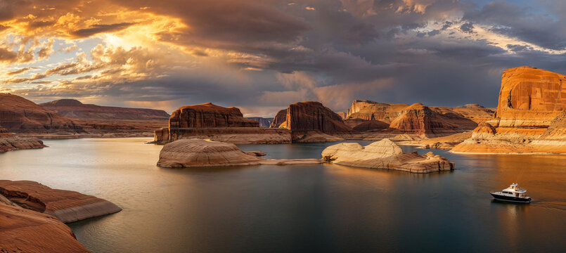 Panoramic view of a boat on a lake in the southwestern United States