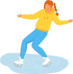 Young female figure skater with red hair in braids. Casual winter skating, joyful activity on ice. Winter sport and leisure time vector illustration.
