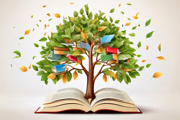 Celebrate International Literacy Day. A vibrant concept with a tree adorned with colorful books as leaves. Promote education, knowledge, and literacy on a white background.