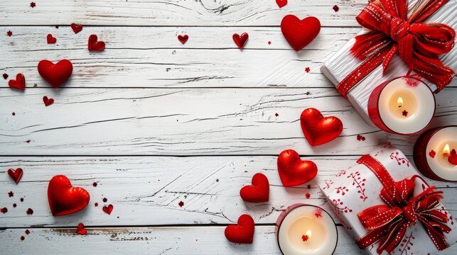 Wooden white background with read hearts and candles, st. valentine's day concept, copy space