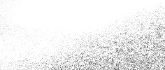 Grunge noise gradient texture. Dirty grain background. Dotted halftone overlay. Sand dust distressed wallpaper. Grungy grit pattern. Black white random dot texture for poster, banner, print. Vector