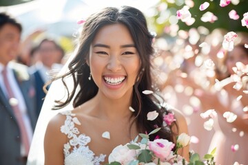 Protrait of beautiful happy bride with flower petal.
