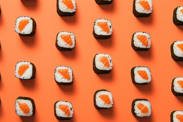Salmon sushi pattern. Coloured background. 