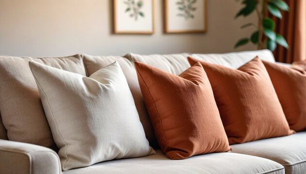 Close Up Of Fabric Sofa With White And Terra Cotta Pillows  French Country Home Interior Design Of Modern Living Room Style