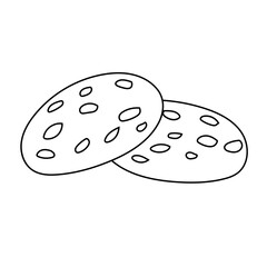 Doodle cookie illustration, oatmeal cookies with chocolate, black line, isolated on white. Sweets, treats.