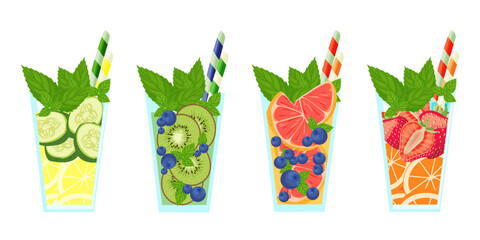 A set of fresh delicious cocktails, summer drinks of different flavors, with strawberries, oranges, mint, cucumbers, lemon, kiwi and blueberries. Vector image of seasonal summer refreshing freshes.