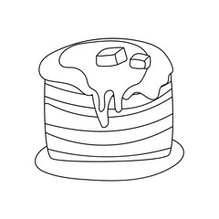 Pancake with butter and honey in a doodle style. Delicious morning breakfast, fluffy pancake, muffins, beautiful start of the day vector illustration in black and white.
