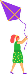 Young woman with red hair flying a purple kite outdoors. Female character enjoys leisure activity with wind toy. Childhood joy and outdoor fun vector illustration.