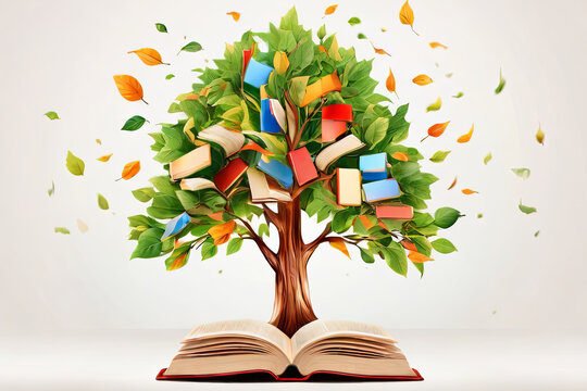 Celebrate International Literacy Day. A vibrant concept with a tree adorned with colorful books as leaves. Promote education, knowledge, and literacy on a white background.