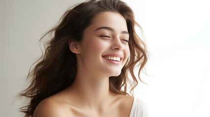 Portrait of a beautiful young woman smiling with her eyes closed