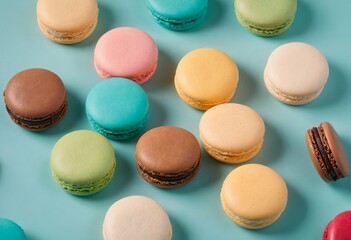 Top view of colorful cake macarons or macaroons on a turquoise background, pastel almond cookies, vintage card aesthetic
