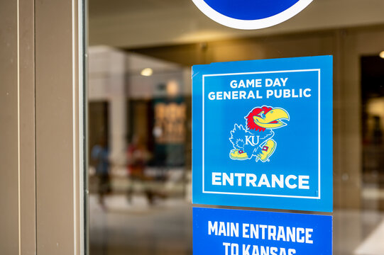 Lawrence, Kansas, USA - 7.2023 - Game entrance for general public to an athletic building of University of Kansas Jayhawks