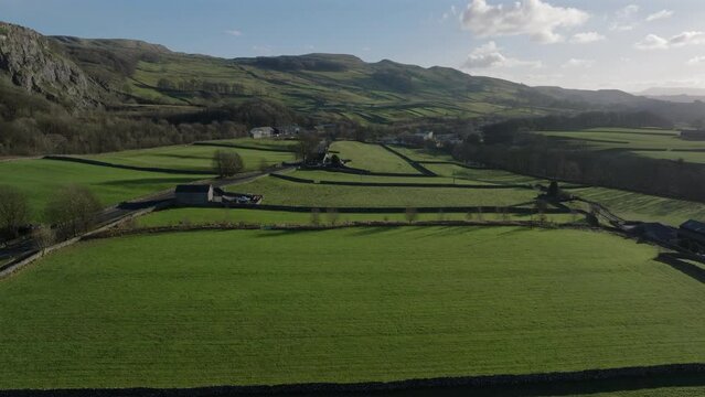 Establishing Drone Shot of Yorkshire Dales Fields and Landscape Stainforth