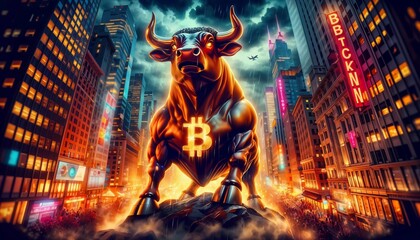 Bull market concept - portrait of bull with Bitcoin sign, bullish run - obrazy, fototapety, plakaty
