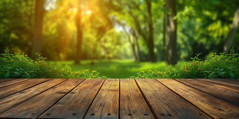 Wood floor with blurred trees of nature park background and summer season, product display montage. - obrazy, fototapety, plakaty