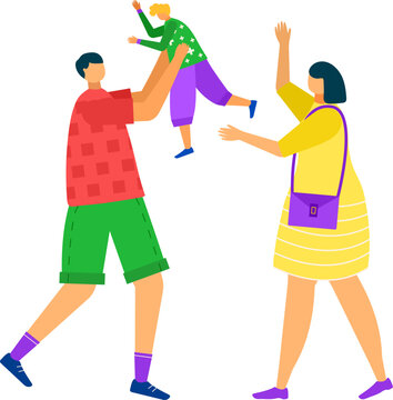 Family playing together, parents lifting child in air, joyful kid, colorful casual clothes. Fun family time, active parents with child, happiness vector illustration.