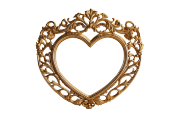 Antique heart-shaped, gold color frame isolated on a transparent PNG background