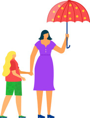 Mother and daughter walking with umbrella on sunny day. Woman holding colorful umbrella protecting child. Family care and weather protection vector illustration.