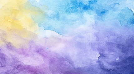 Abstract watercolor background on canvas with a dynamic mix of lavender, lemon yellow and sky blue