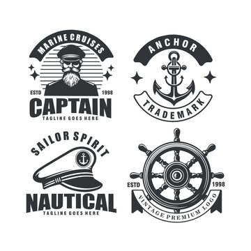 set nautical marine captain badges vintage monochrome logo vector illustration