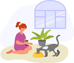 Red-haired woman sitting with coffee, cat eating from bowl indoors. Casual home life with pet, relaxation. Peaceful moment, pet care vector illustration.