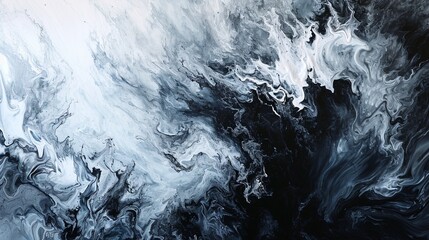 Abstract painting featuring a blend of black and silver liquid ink, creating a monochromatic storm effect.