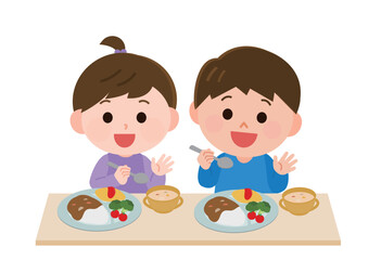 食事をする男の子と女の子　イラスト