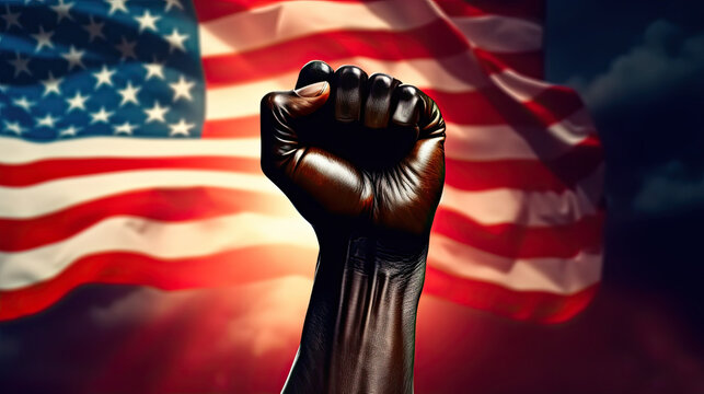 Black History Month. Raised Black Fist in Solidarity with Vibrant United States Flag, Oil painting, No Racism Concept