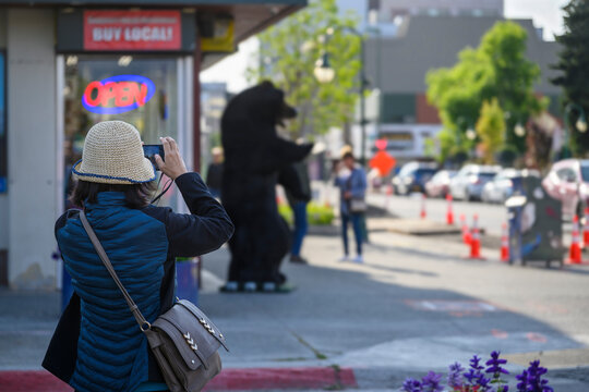 Tourists taking photos of a fake stuffed black bear using smartphones. Out-of-focus Buy Local sign on shop window. Anchorage. Alaska.