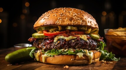 a closeup shot of a double cheese burger  - obrazy, fototapety, plakaty