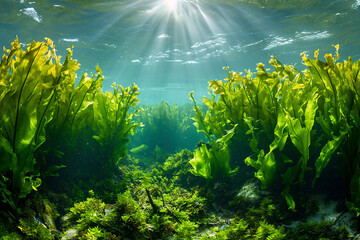 Fototapeta na wymiar Underwater landscape Green Seaweed reef with algae, sea north, view in the cold sea ecosystem.