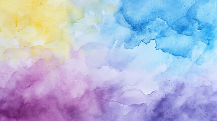 Abstract watercolor background on canvas with a dynamic mix of lavender, lemon yellow and sky blue